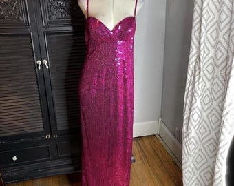 Vintage Adrianna Papell Sequin Pink Long Sweetheart Slip Dress Gown 12