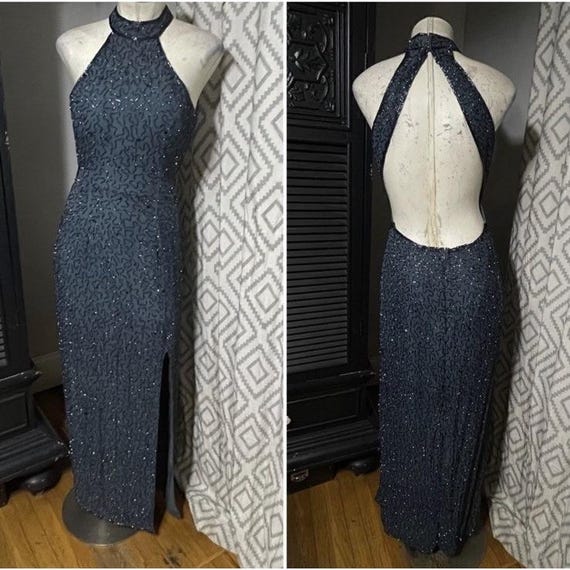 90s Y2K Andretta Donatello Silk Beaded Halter Open Back Maxi Prom Dress Gown  L - Etsy
