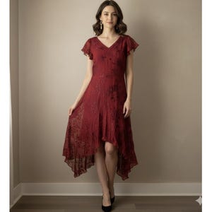 Vintage 90s Adrianna Papell Red Silk Floral Asymmetrical Dress Size 8 image 1