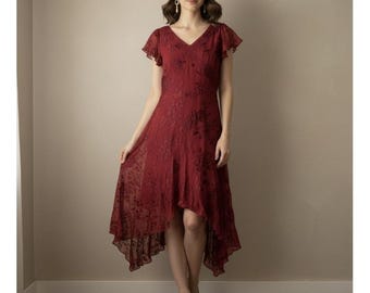 Vintage 90s Adrianna Papell Red Silk Floral Asymmetrical Dress Size 8