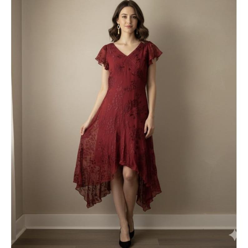 Vintage 90s Adrianna Papell Red Silk Floral Asymmetrical Dress Size 8 image 1