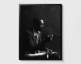 May include: A black and white photograph of a man in a suit holding a saxophone. He is sitting and looking to the side, with smoke rising from his mouth.