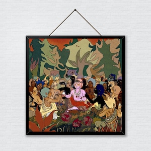 May include: A colourful illustration depicting a group of people gathered in a woodland setting. The people are surrounded by trees and flowers. The central figure is wearing a pink robe and a necklace with a large pendant. The illustration is in a cartoon style and has a whimsical feel.