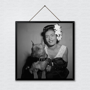 Billie Holiday con su perro Mister - póster en blanco y negro, pósteres de jazz, impresión de jazz canónica, leyendas del jazz, arte mural musical