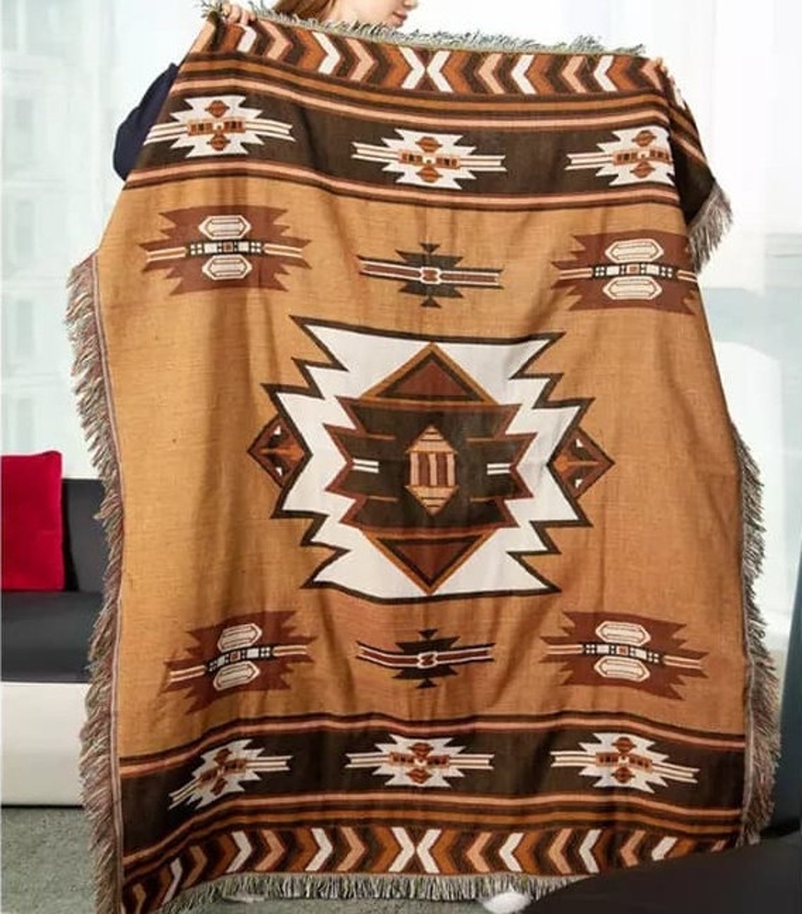 Aztec Throw Blanket Pure Cotton Decorative Fringes Woven Boho Etsy