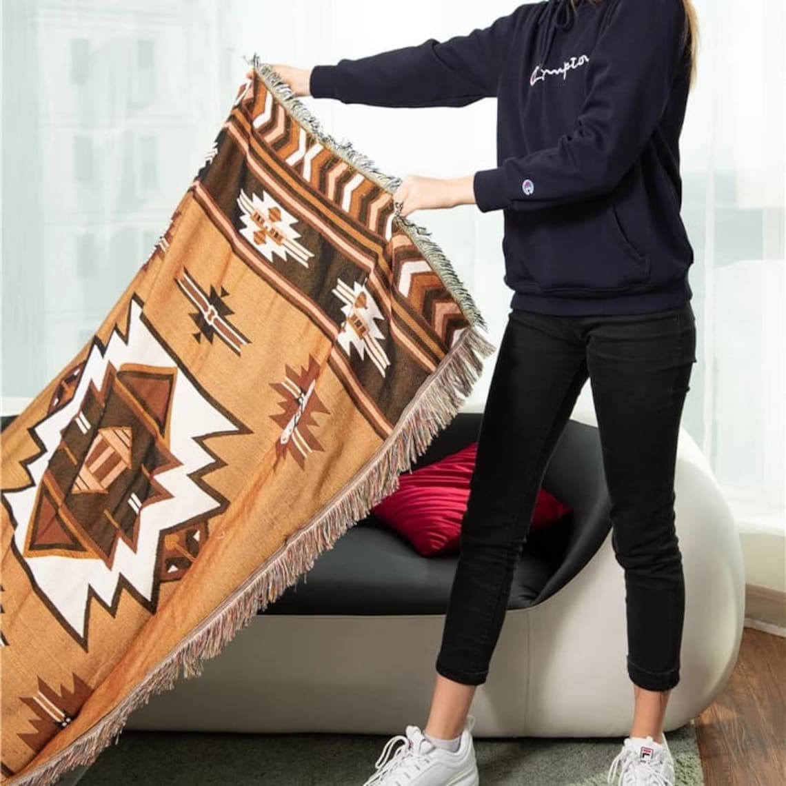 Aztec Throw Blanket Pure Cotton Decorative Fringes Woven Boho Etsy