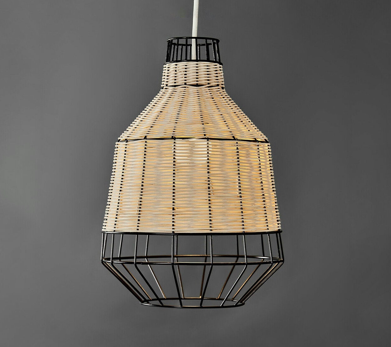 Natural Rattan Wicker Ceiling Light Shade Easy Fit Black Metal Etsy