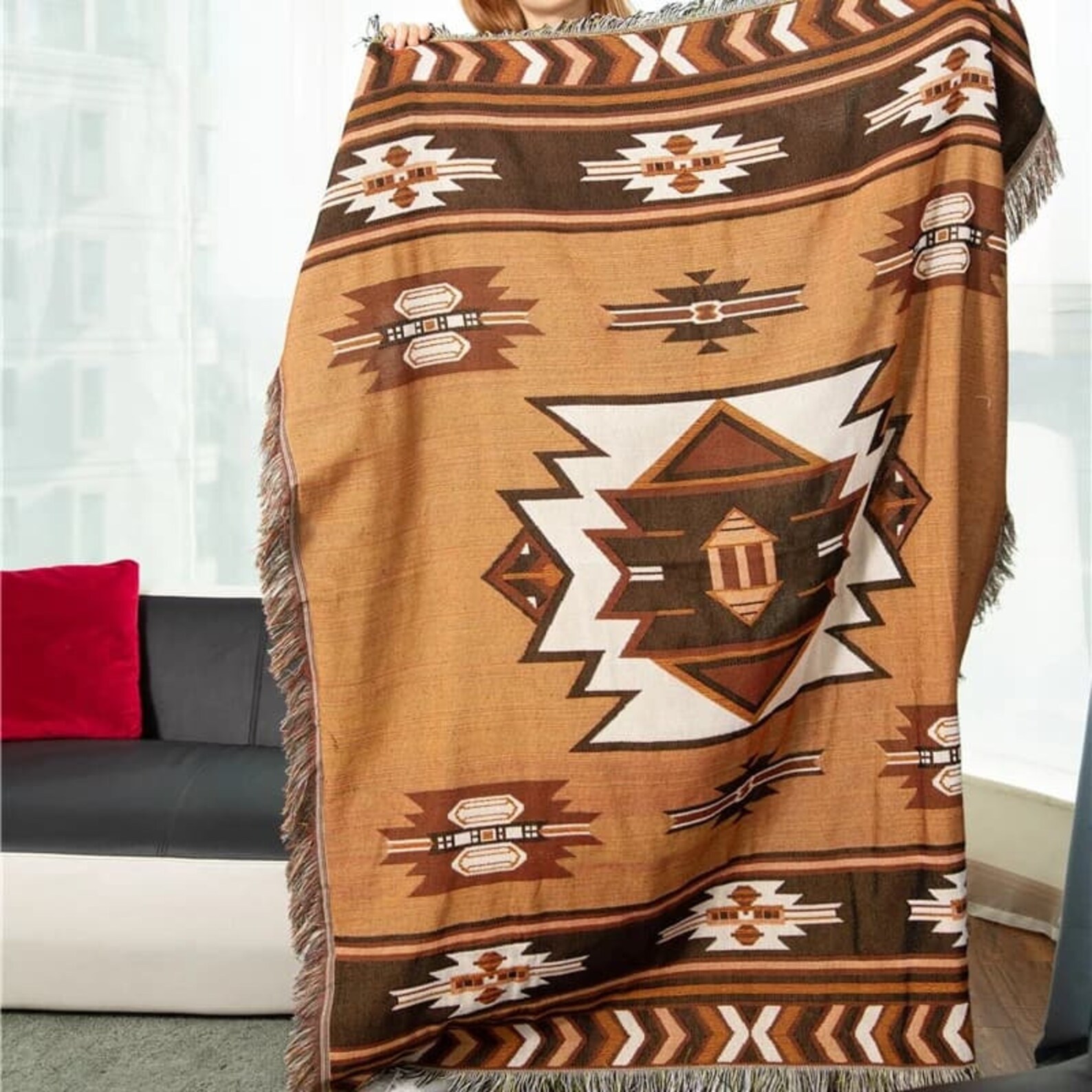 Aztec Throw Blanket Pure Cotton Decorative Fringes Woven Boho Etsy