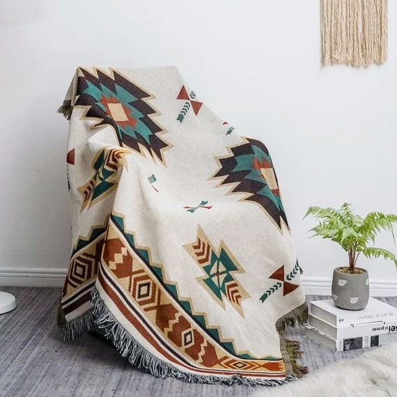 Aztec Throw Blanket Pure Cotton Decorative Fringes Woven Boho Etsy