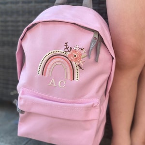 Kids Personalised Embroidered Mini Backpack; Choose your Colour Rucksack With Floral Rainbow and Add an Initial or Name; Nursery; Toddler