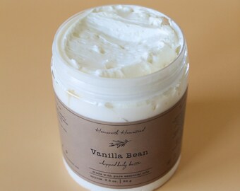 Vanilla Bean Whipped Body Butter | Natural, essential oils, moisturizer, winter, dry skin, bath, body, skin, self care, aromatherapy, gift