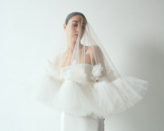 Handmade flower wedding veil / Two Tier Wedding Veil / Ruffle Veil / Drop Veil / White Veil / Bridal Veil / Gift for Bride OOA09