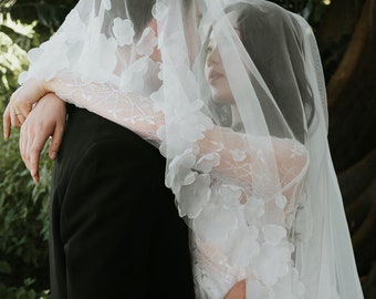 Floral Organza Edge Wedding Veil with Blusher | Floor Length Tulle VOO0024