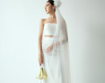 Low Drape Tulle Wedding Veil – Minimalist Pom Pom Bridal Veil VOO011