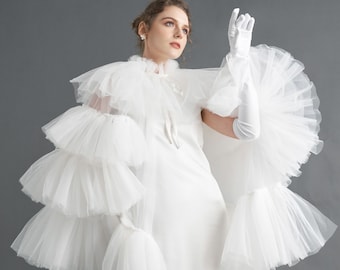 Ruffle Wedding Cape / White Bridal Cape / Wedding Cape / Gift for Bride OOA31