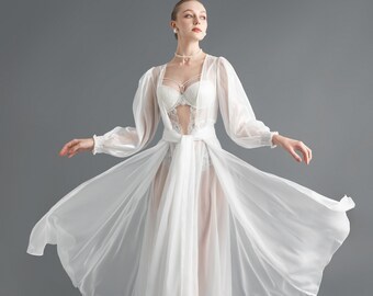 White Organza Bridal Robe – Sheer Bishop Sleeves, Honeymoon Lingerie ROO008