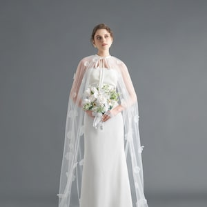 Chapel Cape / Flower Wedding Cape / Wedding Cape Veil / Tulle Cape / White Cape / Sheer Cape / Long Wedding Cape / Gift for Bride OOA44