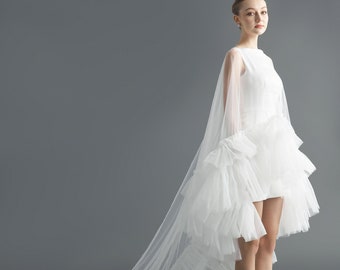 Tulle Bridal Cape – Layered Ruffle Train, Modern Wedding COO003