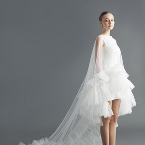 Chapel Cape / Ruffle Wedding Cape / Wedding Cape Veil / Tulle Cape / White Cape / Sheer Cape / Long Wedding Cape / Gift for Bride OOA15