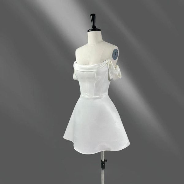 Mini Wedding Dress - Off-Shoulder taffeta silk Corset Mini Dress with Structured Flare Skirt DOO003