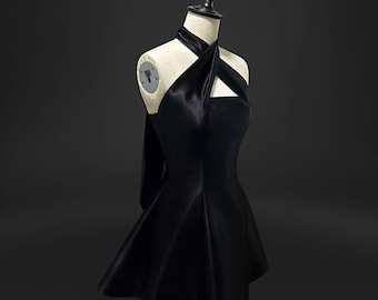 Shiny Silk Dress | Black Halter Satin Mini Dress with Cross-Neck Bow | Handmade Structured Cocktail Dress for Evening or Party Events OOA128