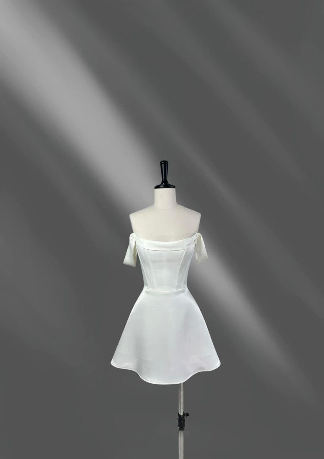 Mini Wedding Dress - Off-Shoulder Taffeta Silk Corset Mini Dress with Structured Flare Skirt DOO003