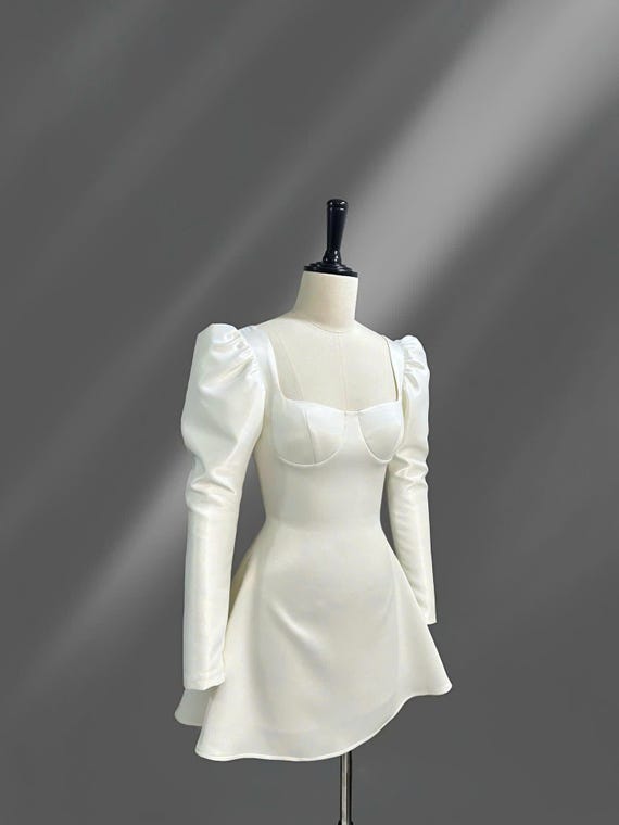 Satin Puff & Flare Long-Sleeve Mini Dress DOO008