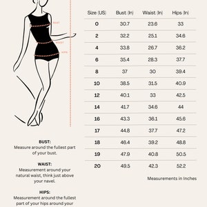 May include: A size chart for women's clothing with measurements in inches for bust, waist, and hips. The chart shows sizes 0 through 20.