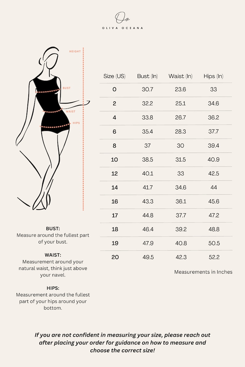 May include: A size chart for women's clothing with measurements in inches for bust, waist, and hips. The chart shows sizes 0 through 20.