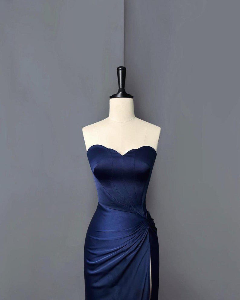 Navy Satin Strapless Gown With Side Slit | Handmade Evening Dress With ...