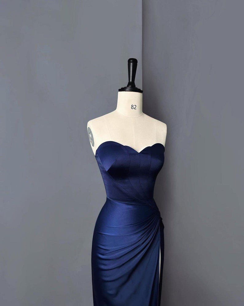 Navy Satin Strapless Gown With Side Slit | Handmade Evening Dress With ...