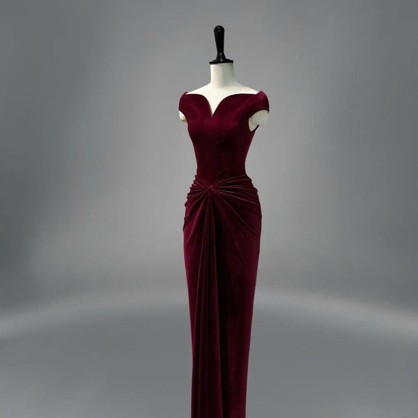Burgundy Velvet Evening Gown – Off Shoulder Draped Formal Dress