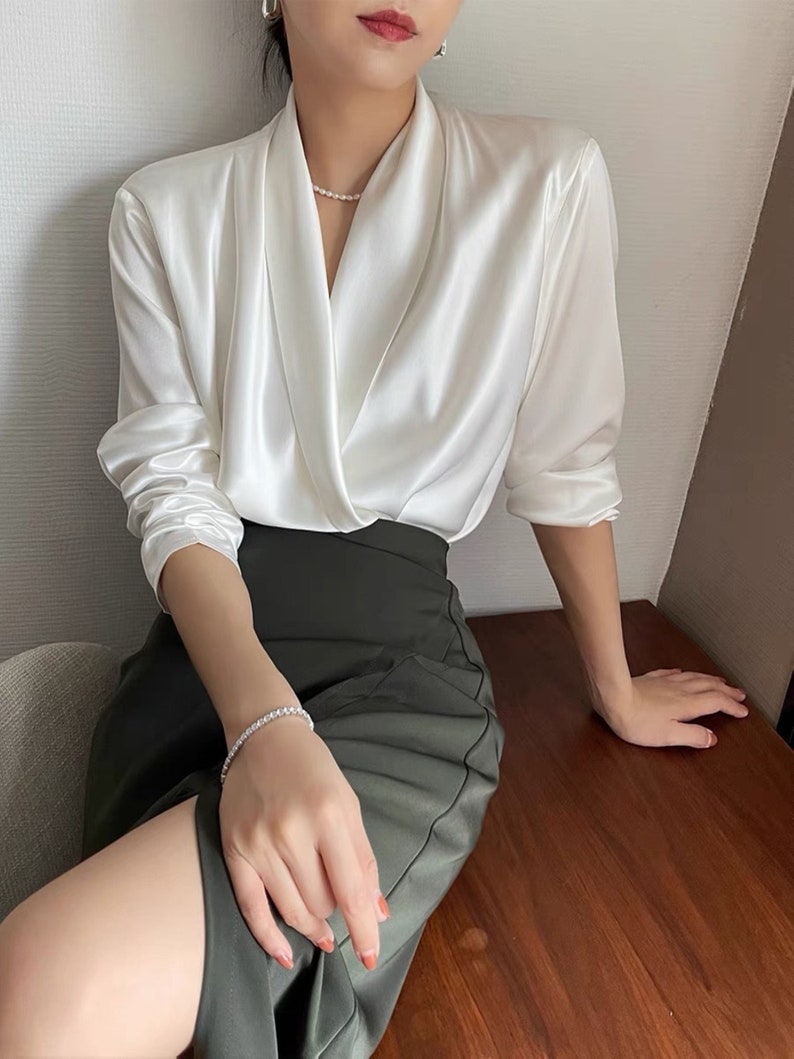 Wrap Silk Blouse/ Ivory Silk Blouse/ Silk Blouse/ Long Sleeves - Etsy Canada