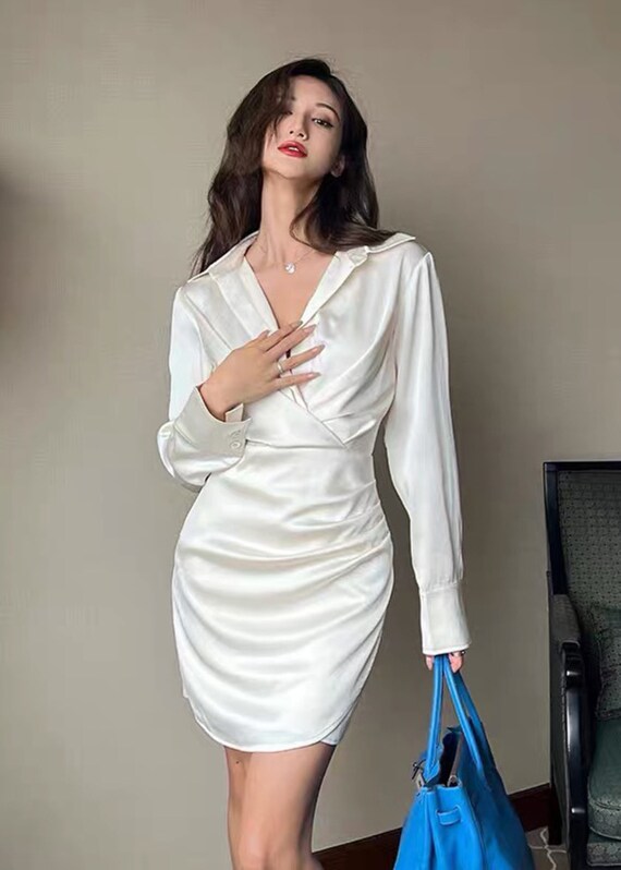 Ivory Dress/ Silk Satin Dress/ Long Sleeves Dress/ Simple Etsy