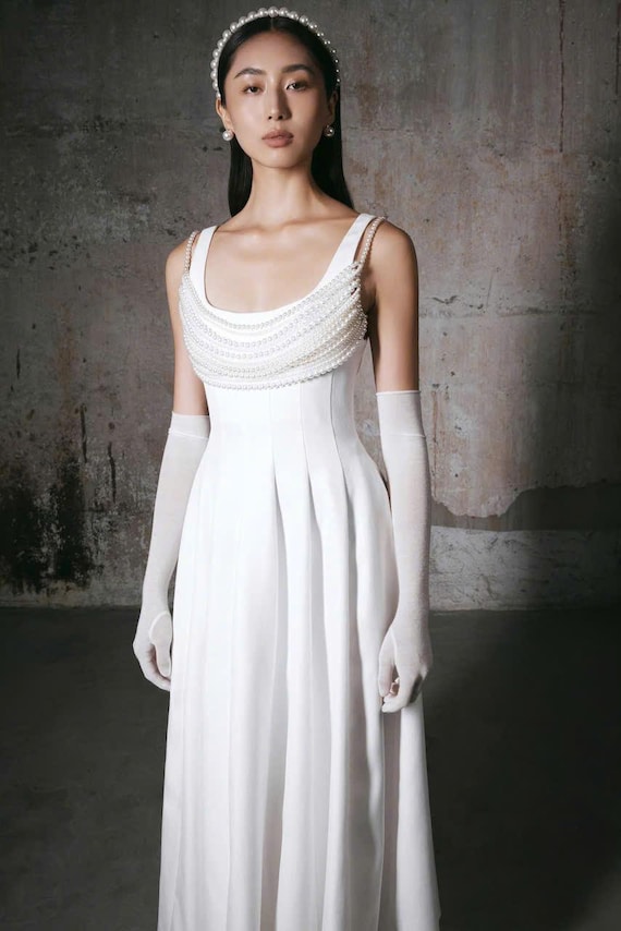 knee length dresses for ladies Arlena Satin Dress in Ivory Pearl