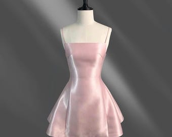 Elegant Blush Pink Satin Mini Dress with Fit-and-Flare Silhouette, Spaghetti Straps, and Sculpted Bodice — Short Cocktail Dress OOA121