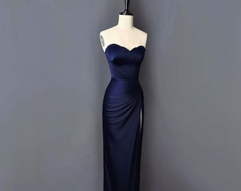 Navy Satin Strapless Gown with Side Slit | Handmade Evening Dress with Draped Detail and Corset Fit DOO054