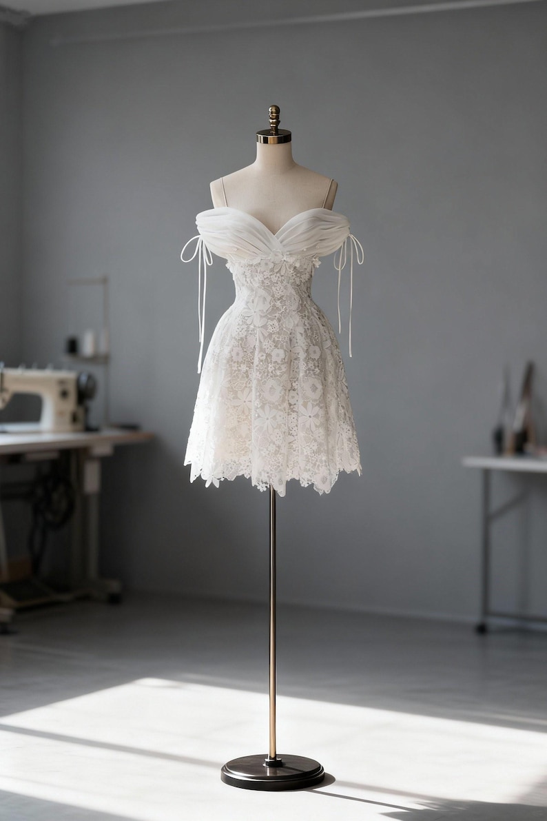 Adalee Mini Dress - Sleeveless Ruched Bodice Lace Trim Dress in Off White