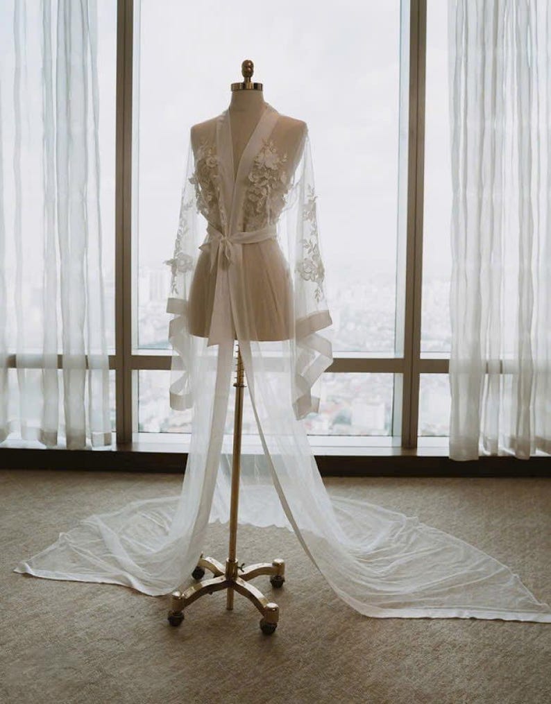 Sheer Lace Bridal Robe – Floral Embroidered Tulle Gown With Train ...