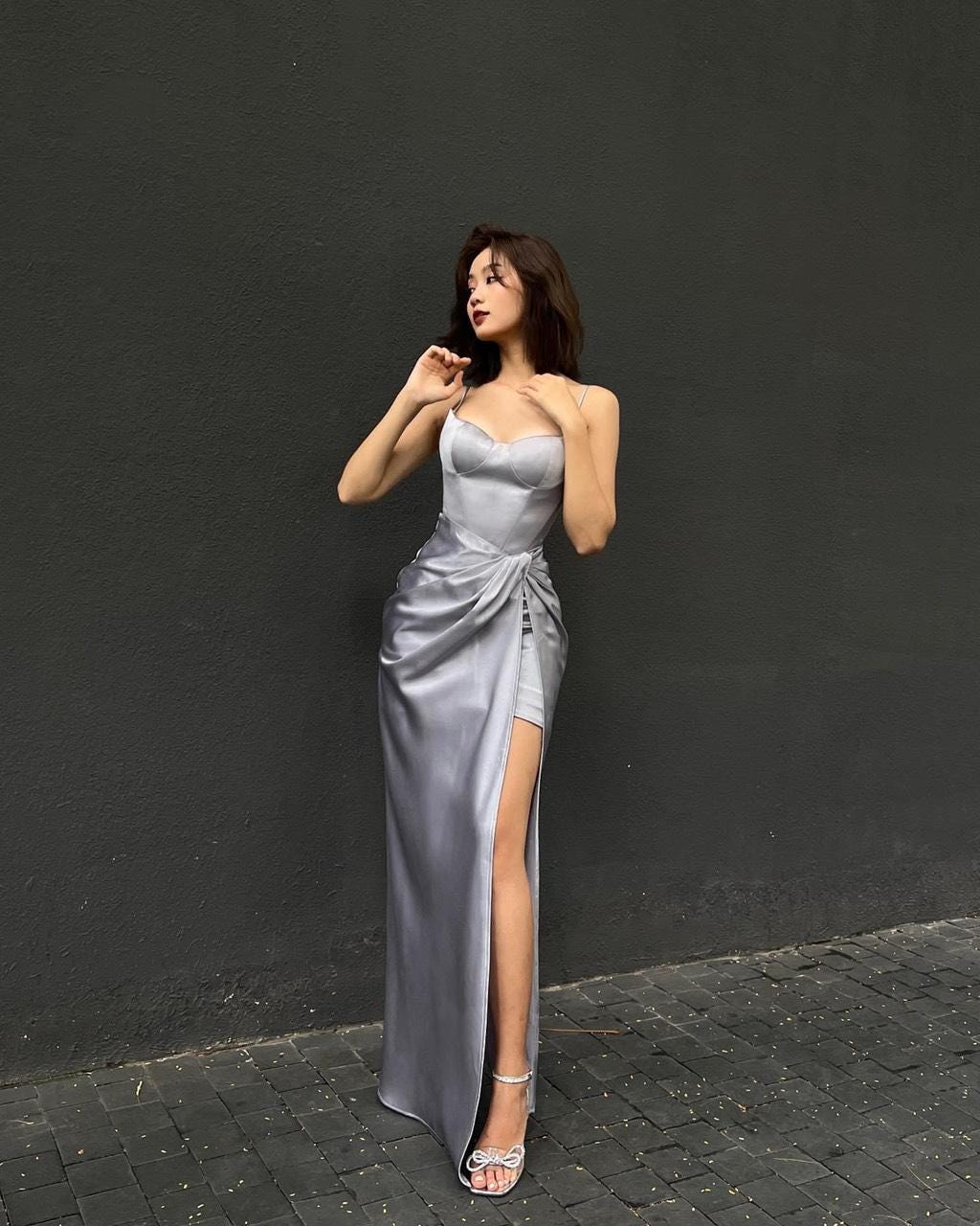 satin corset dress midi Satin corset long midi dress with a bow Color: White-Black RASARIO Online Boutique 46 (FR) / White-Black