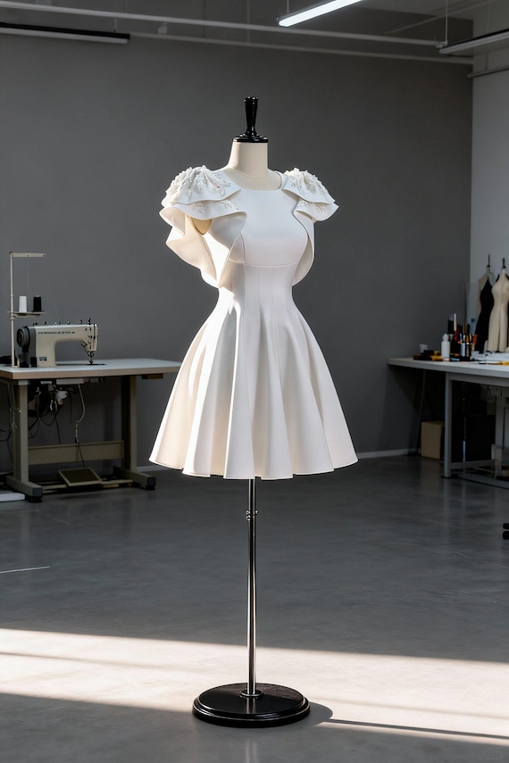 White structured mini dress with layered ruffle sleeves and A-line skirt DOO012