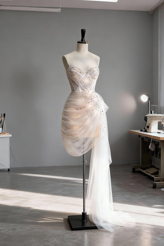 Crystal-Embellished Sheer Corset Mini Dress with Drape -- Couture Evening Gown, Bridal After Party Dress, Crystal Corset Dress DOO014 Crystal-Embellished Sheer Corset Mini Dress with Drape -- Couture Evening Gown, Bridal After Party Dress, Crystal Corset Dress DOO014