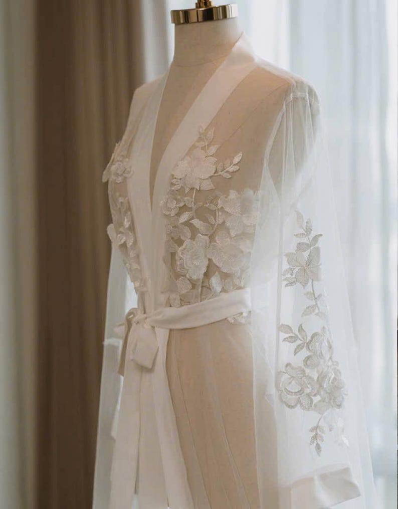 Sheer Lace Bridal Robe – Floral Embroidered Tulle Gown With Train ...