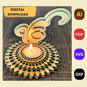 May include: A laser-cut wooden candle holder with a floral design base and a Sikh symbol. The candle holder has a tealight candle in the center, with the text "DIGITAL DOWNLOAD" in a yellow box.