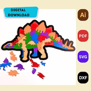 Children&#39;s Stegosaurus Puzzle SVG DXF AI – Large Dinosaur Shaped Jigsaw – Laser Cut File