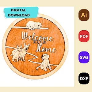 Digital Dog Welcome Sign SVG, Layered Laser Cut File for Plywood Pet Home Decor, Cute Dog Door Sign DXF Download