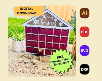 3D Advent Calendar Laser Cut File – Christmas Countdown (svg, dxf, ai, pdf) + Ornament