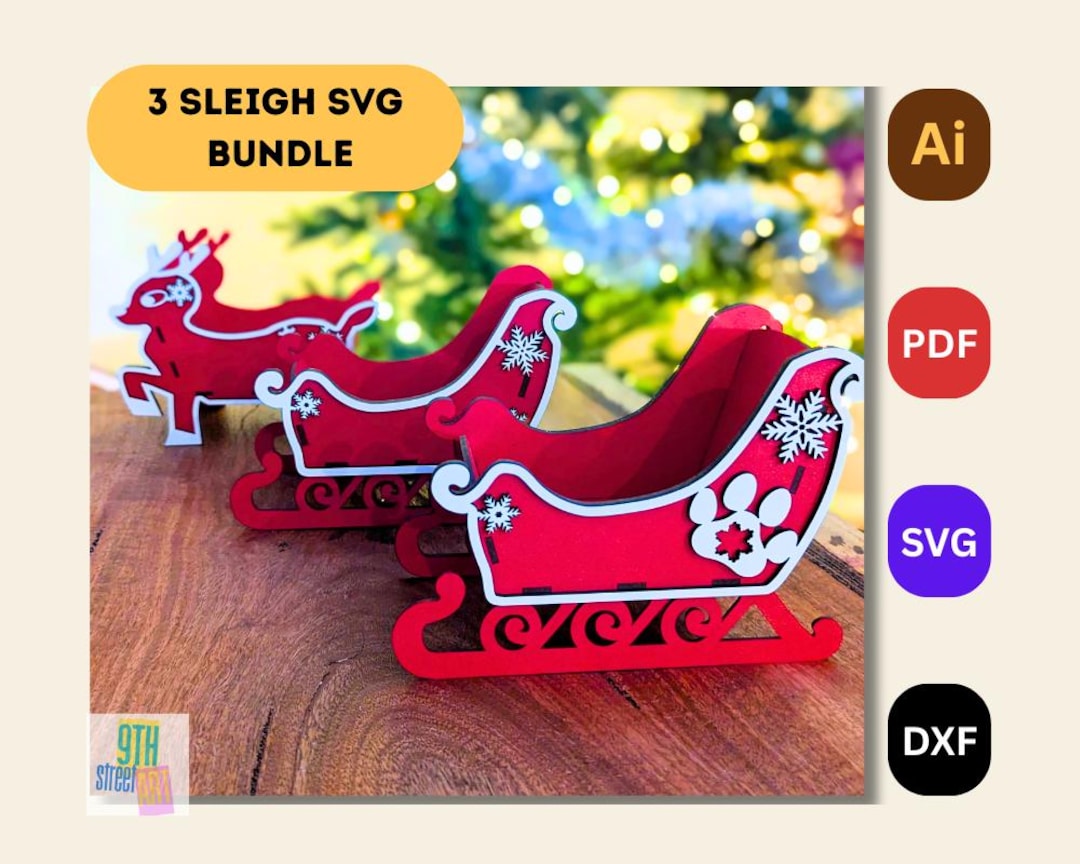 Santa Sleigh SVG Bundle | 3 Layered Laser Cut Sleigh Designs ...