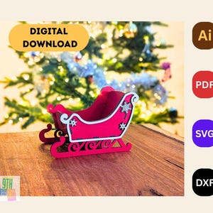 Trineo de Papá Noel 3D con detalles de copos de nieve (archivo digital SVG DXF AI) - Exhibición de adornos navideños