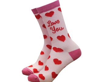 Women's 'Love You' Pink Heart Bamboo Gift Socks by Sock Therapy